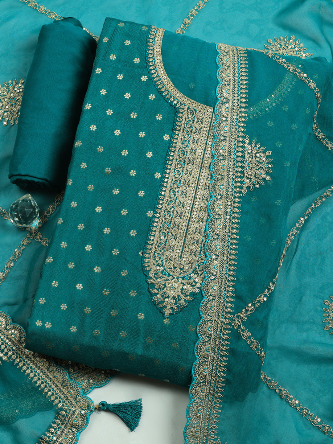 Embroidered Art Silk Unstitched Suit With Pant &amp; Dupatta