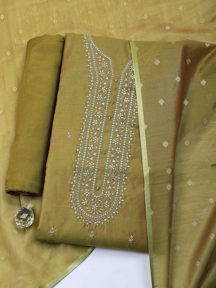 Embroidered Chanderi Unstitched Suit With Pant &amp; Dupatta