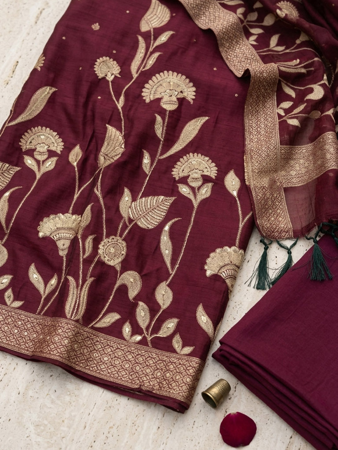Embroidered Chanderi Unstitched Suit With Pant &amp; Dupatta