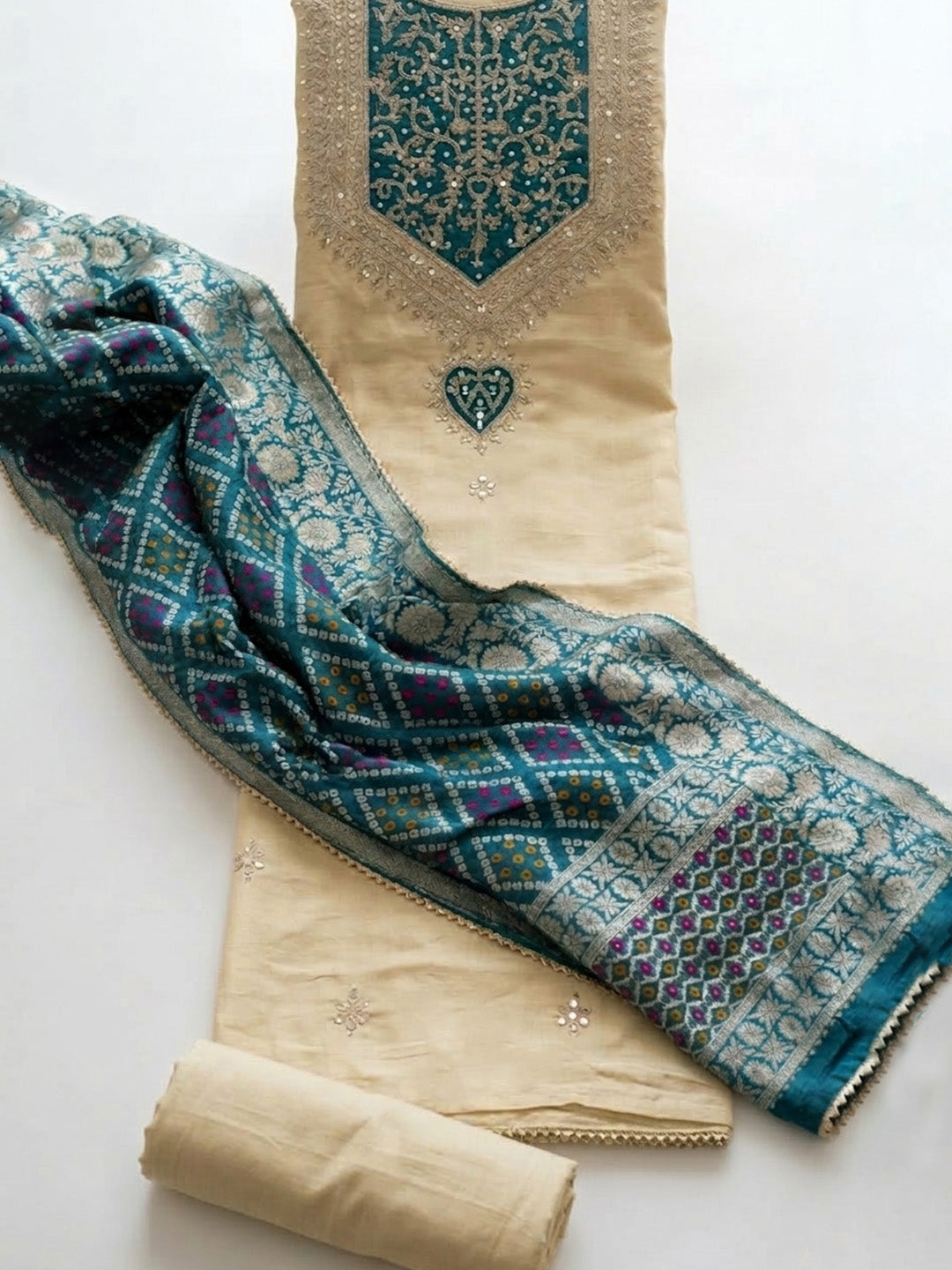 Embroidered Chanderi Unstitched Suit With Pant &amp; Dupatta