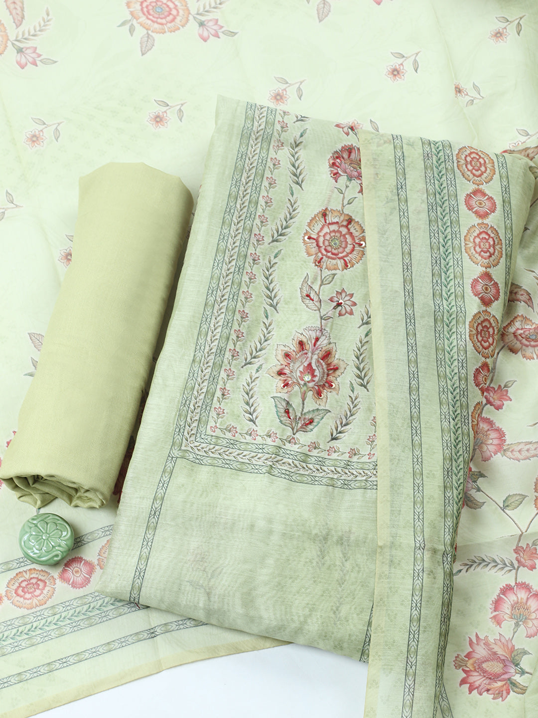 Embellished Chanderi Unstitched Suit With Pant &amp; Dupatta