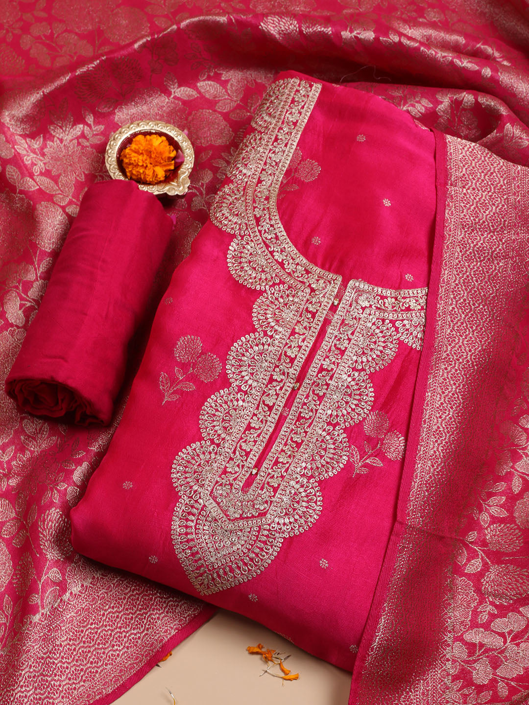 Kanjeevaram Chanderi Unstitched Suit With Dupatta