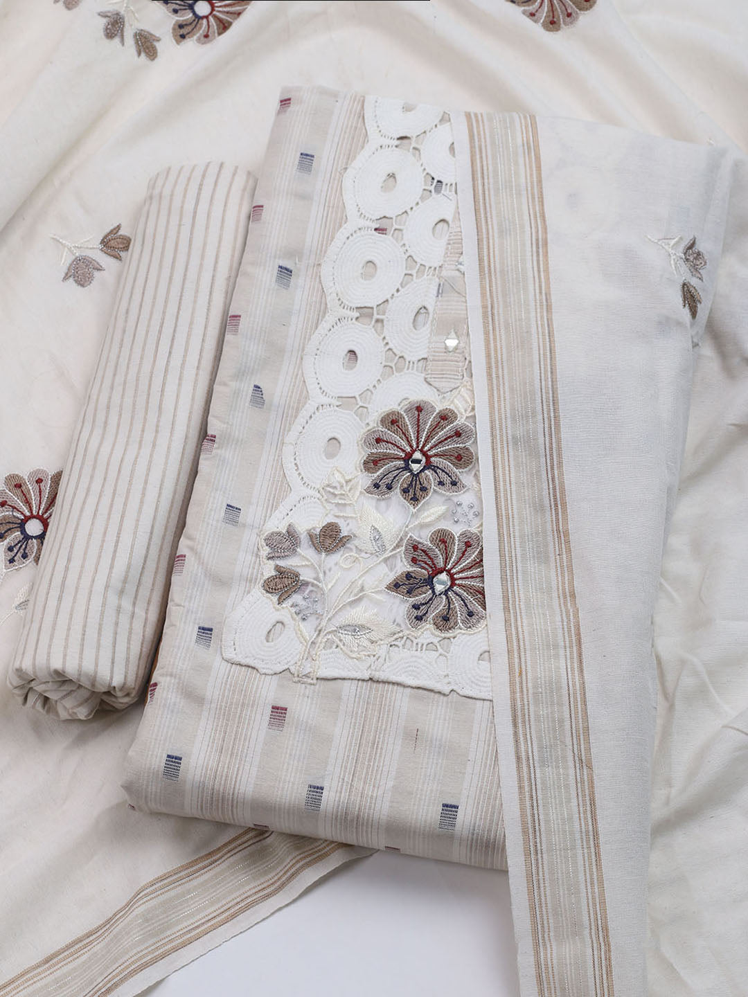Patch Neck Cotton Blend Unstitched Suit With Dupatta