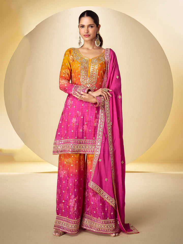Embroidered Chinon Silk Kurti With Sharara &amp; Dupatta