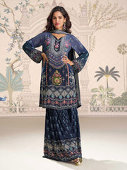 Embroidered Crepe Kurti With Plazzo & Dupatta