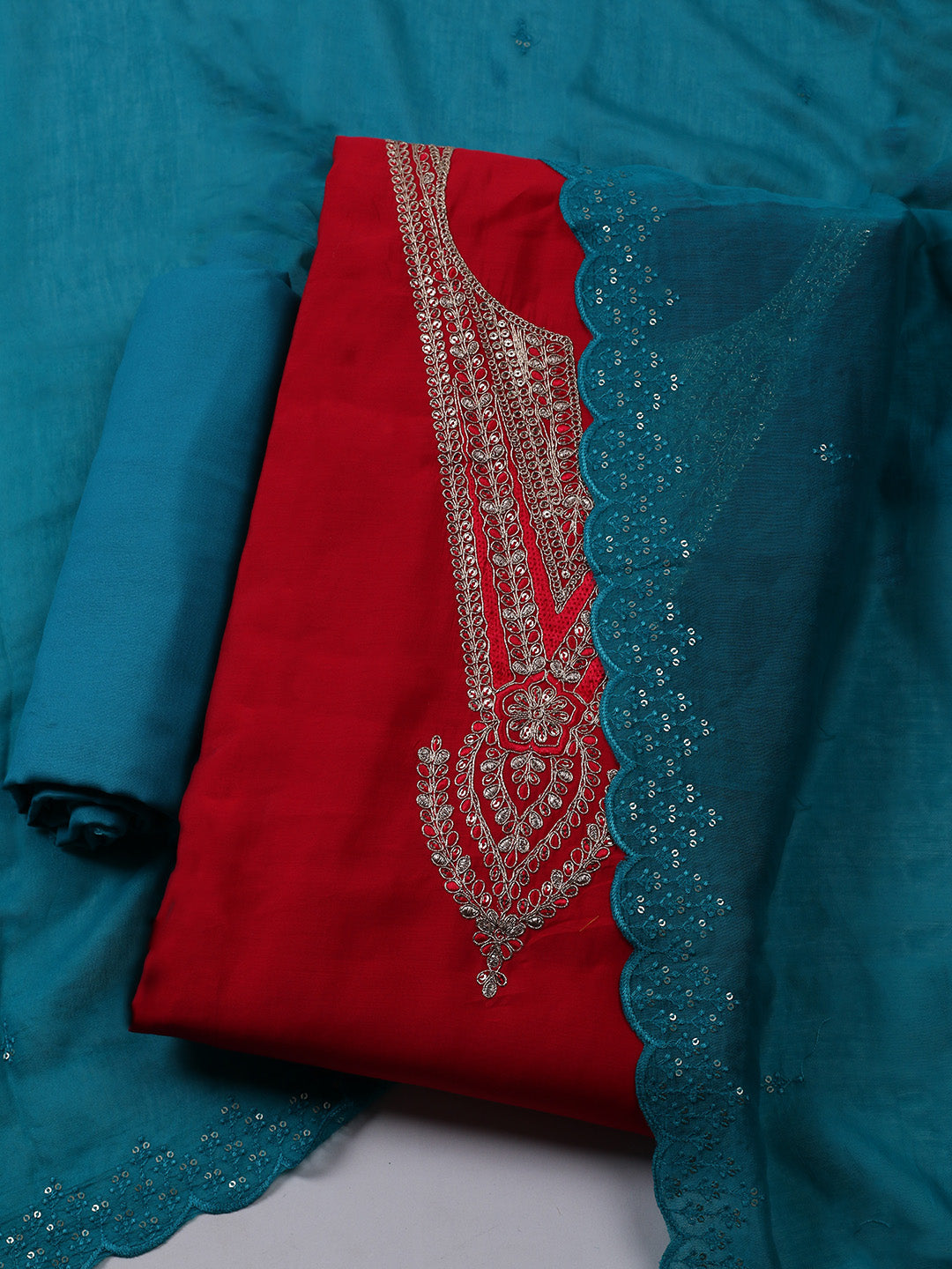 Neck Embroidered Chanderi Unstitched Suit With Dupatta