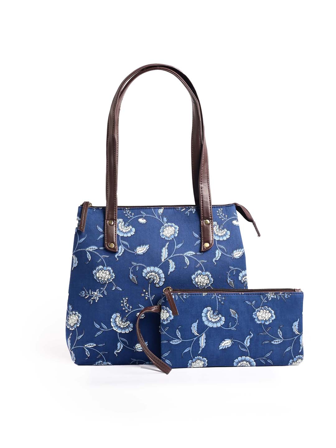 Navy Blue Printed Cotton Handbag With Clutch