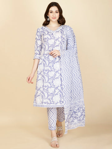 Floral Printed Cotton Kurta With Pants & Dupatta