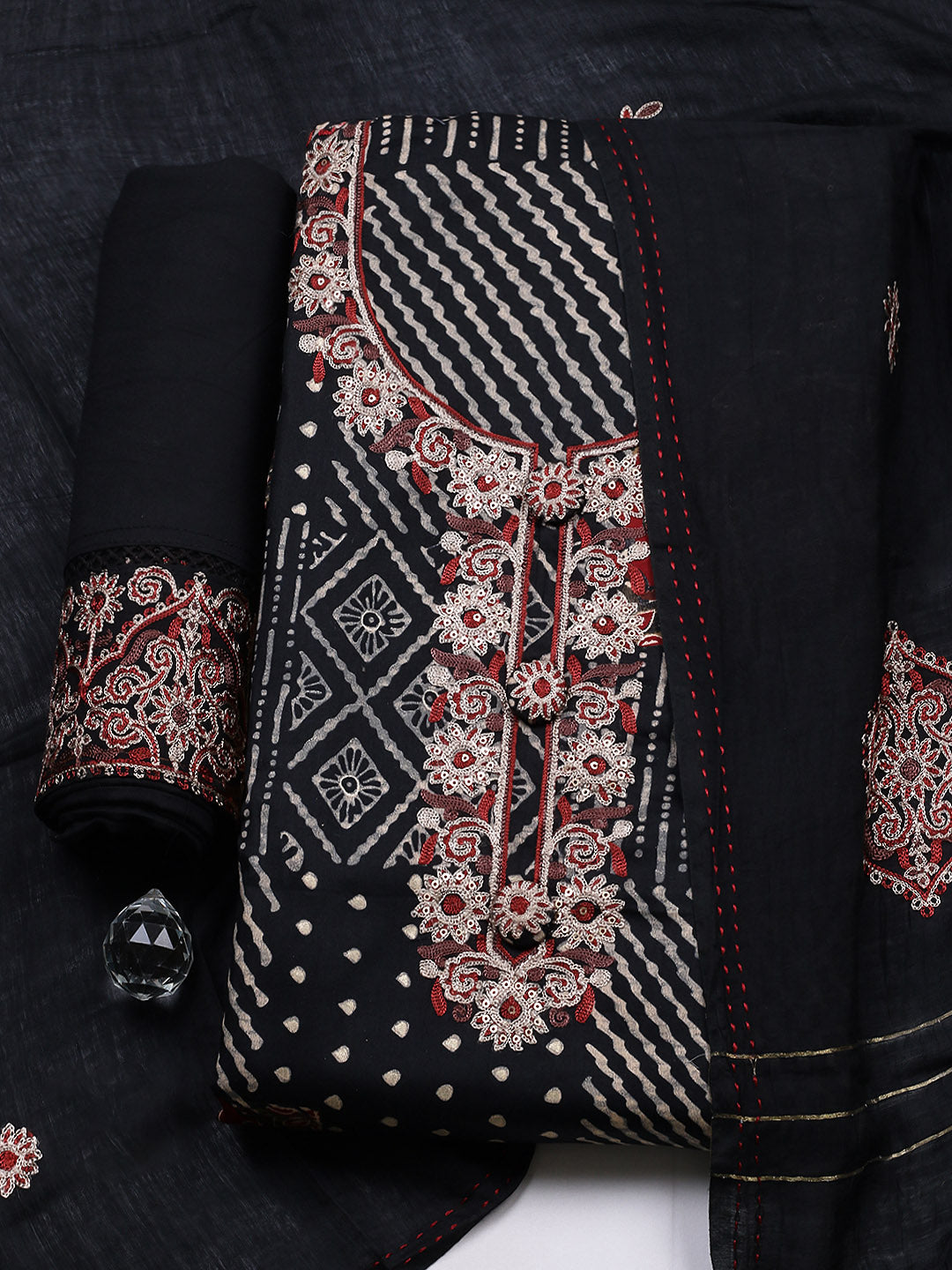 Embroidered Cotton Blend Unstitched Suit With Pant &amp; Dupatta