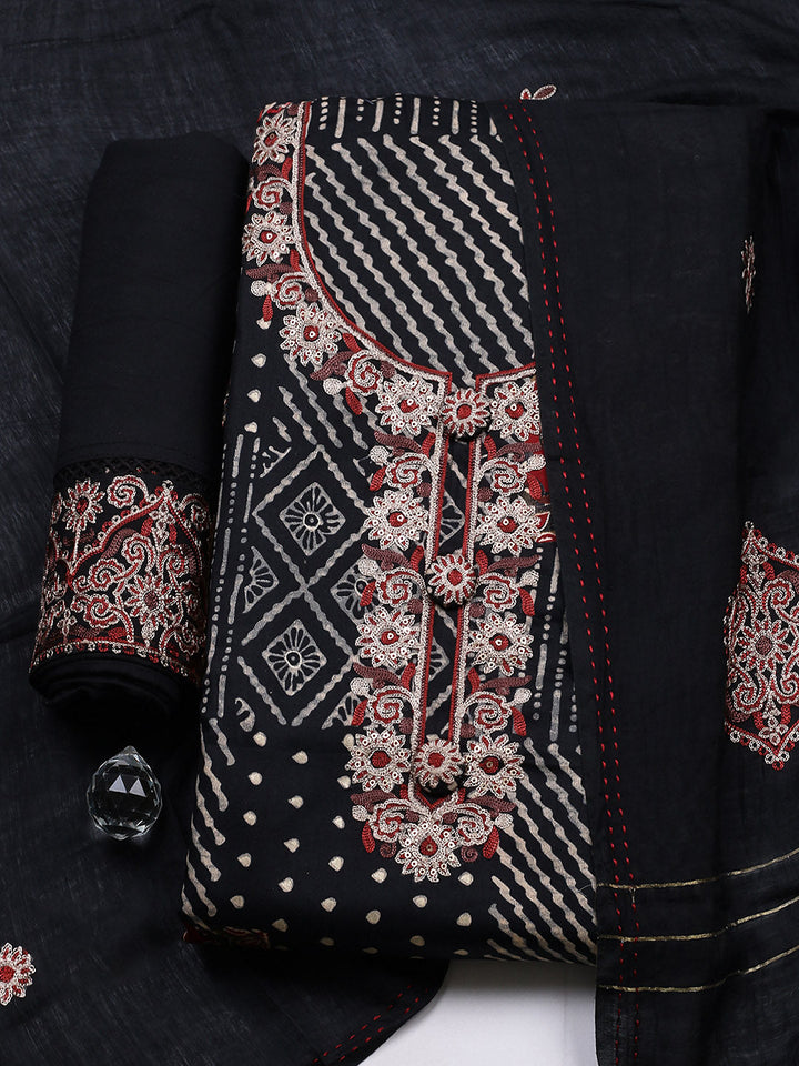 Embroidered Cotton Blend Unstitched Suit With Pant &amp; Dupatta