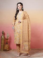 Embroidered Cotton Kurta With Pant & Dupatta