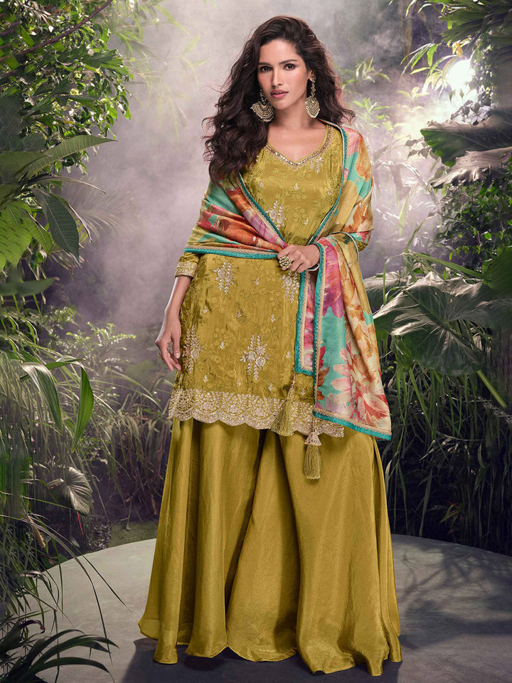 Embroidered Chinon Suit With Plazzo &amp; Dupatta