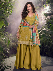 Embroidered Chinon Suit With Plazzo & Dupatta