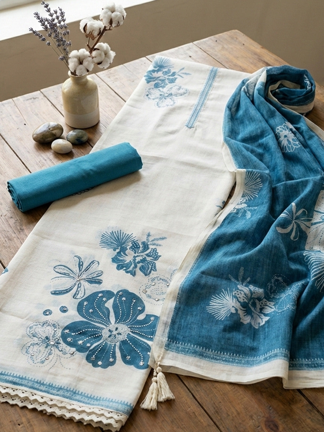 Embroidered Cotton Blend Unstitched Suit With Pant &amp; Dupatta