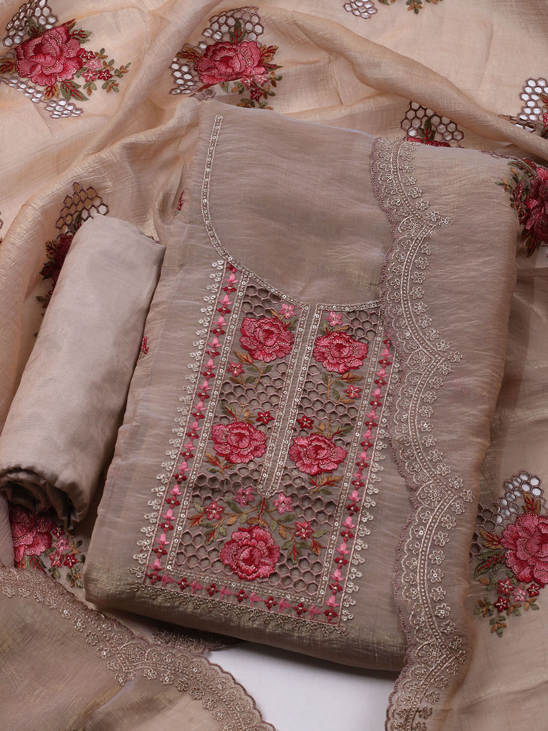 Embroidered Tissue Unstitched Suit With Dupatta
