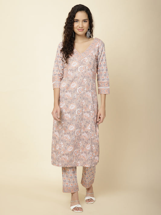 Floral Printed Cotton Kurta With Pants