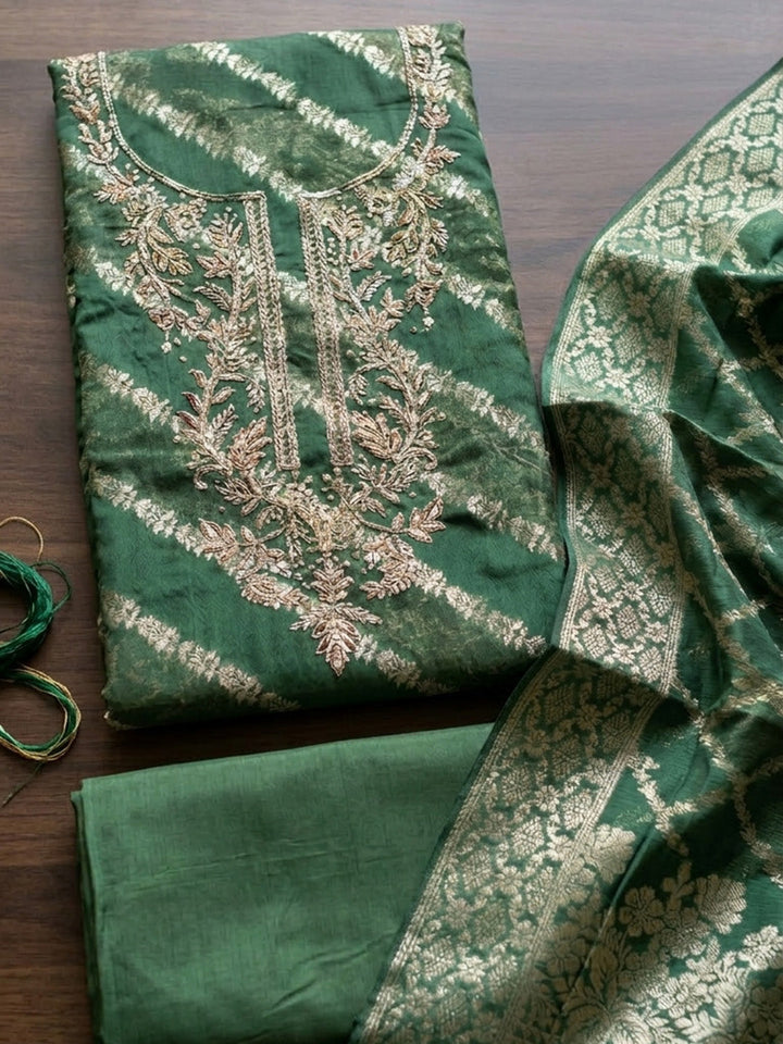 Embroidered Chanderi Unstitched Suit With Pant &amp; Dupatta