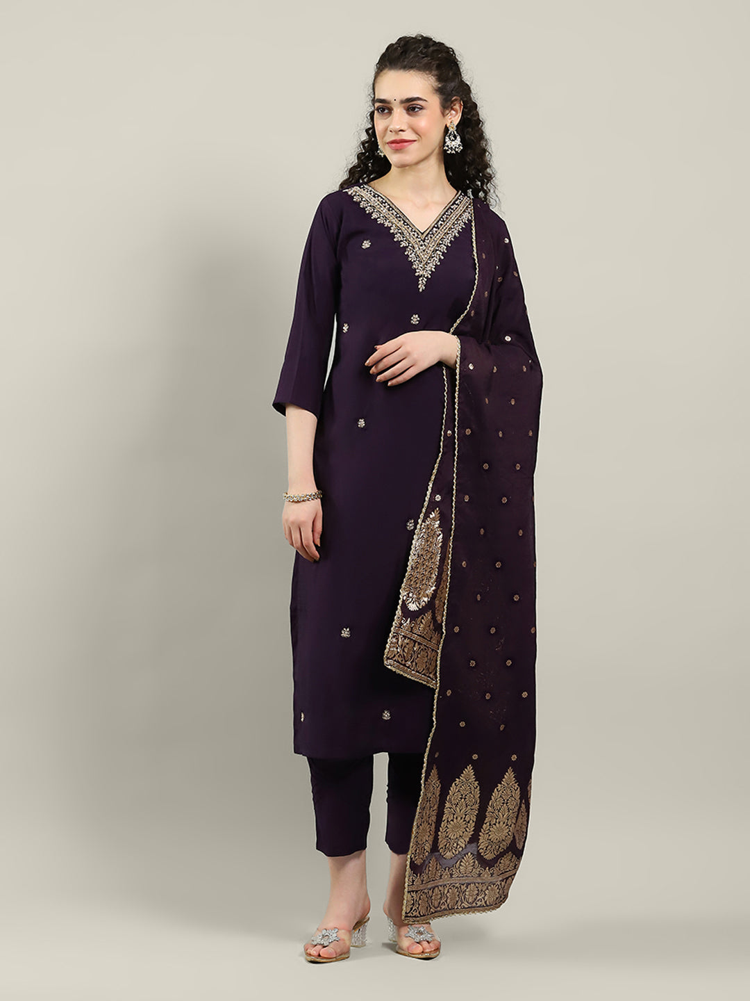 Embroidered Cotton Blend Kurta With Pants & Dupatta