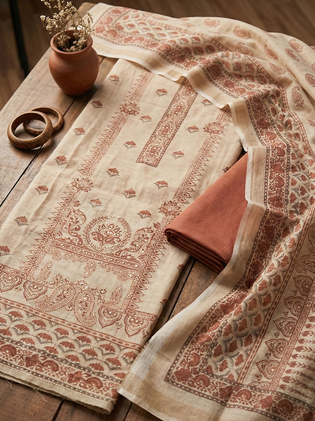 Embroidered Cotton Blend Unstitched Suit With Pant &amp; Dupatta