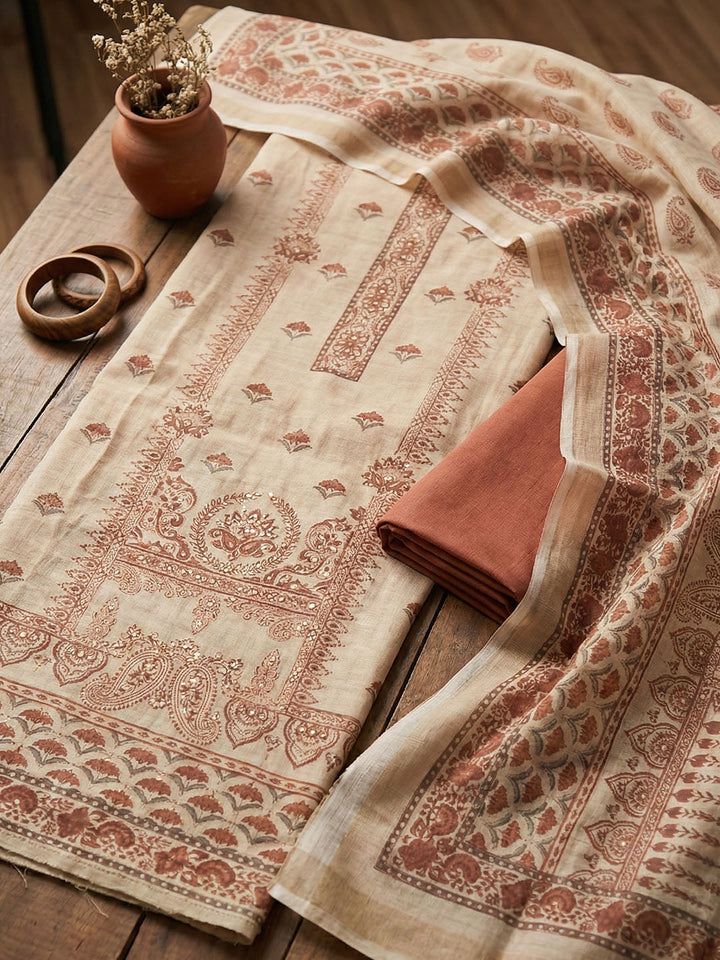 Embroidered Cotton Blend Unstitched Suit With Pant &amp; Dupatta