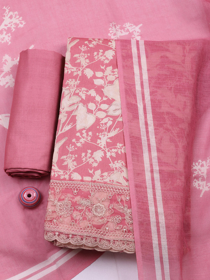 Embroidered Cotton Blend Unstitched Suit With Pant &amp; Dupatta
