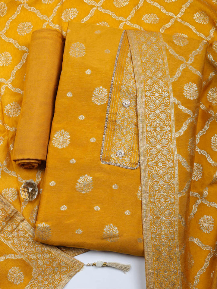 Embroidered Chanderi Unstitched Suit With Pant &amp; Dupatta