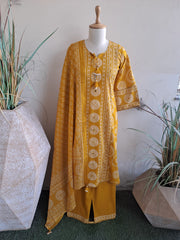 Printed Cotton Blend Kurta With Pants & Dupatta