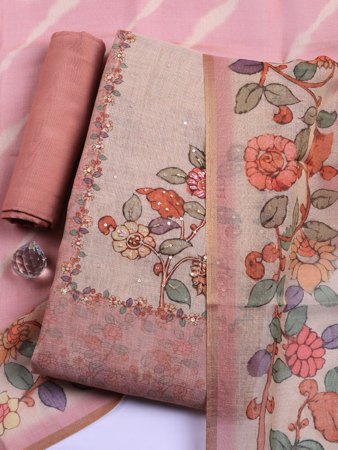 Printed Linen Blend Unstitched Suit With Pant &amp; Dupatta