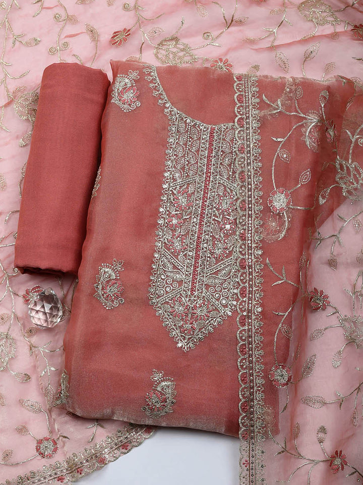 Embroidered Tissue Unstitched Suit With Pant &amp; Dupatta