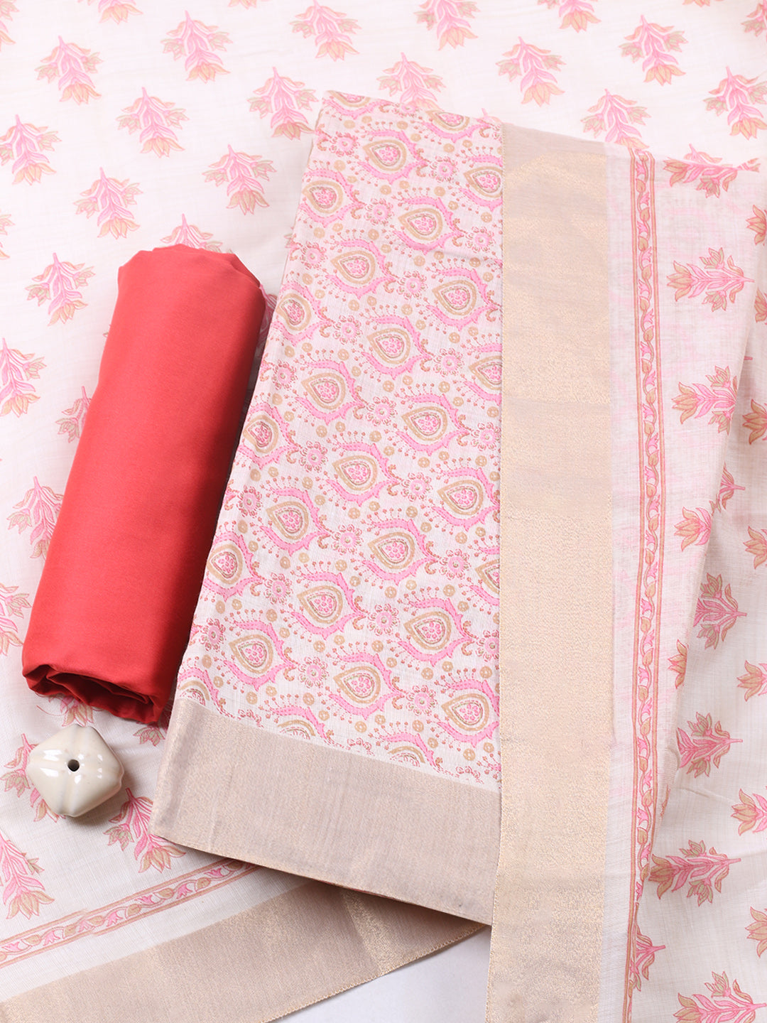 Printed, Chanderi Unstitched Suit With Pant &amp; Dupatta