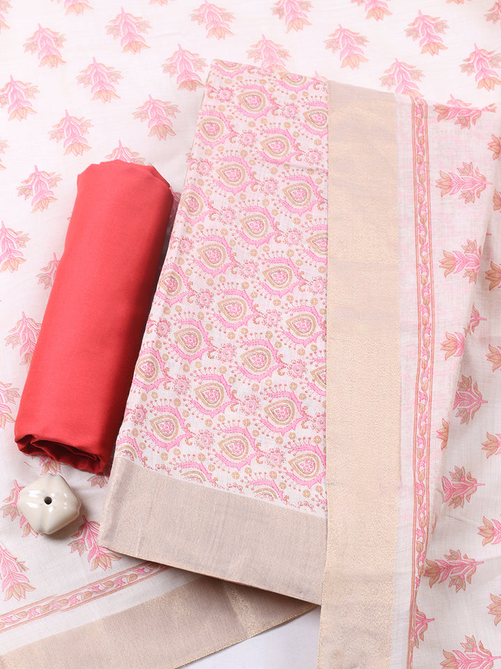 Printed, Chanderi Unstitched Suit With Pant &amp; Dupatta