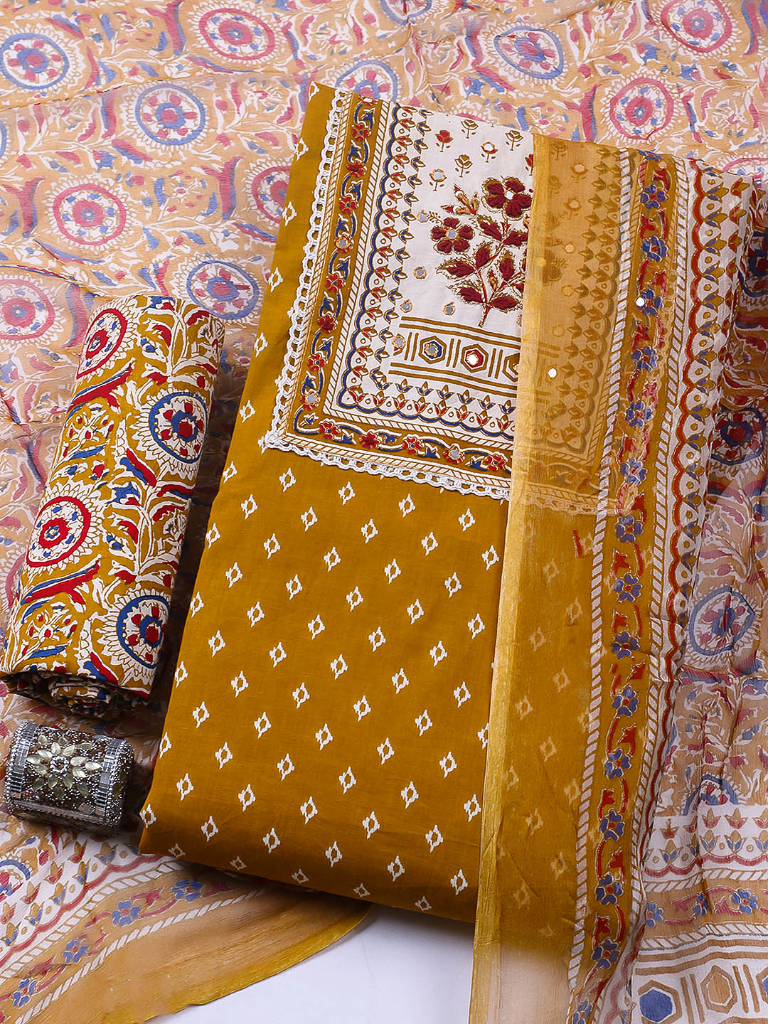 Embroidered Cotton Blend Unstitched Suit With Pant &amp; Dupatta