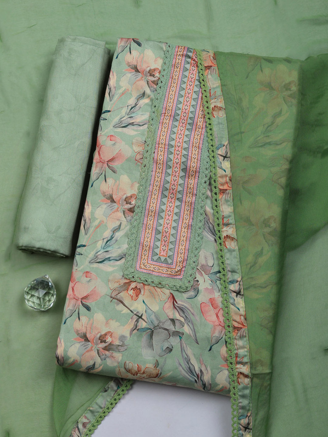 Embroidered Cotton Blend Unstitched Suit With Pant &amp; Dupatta