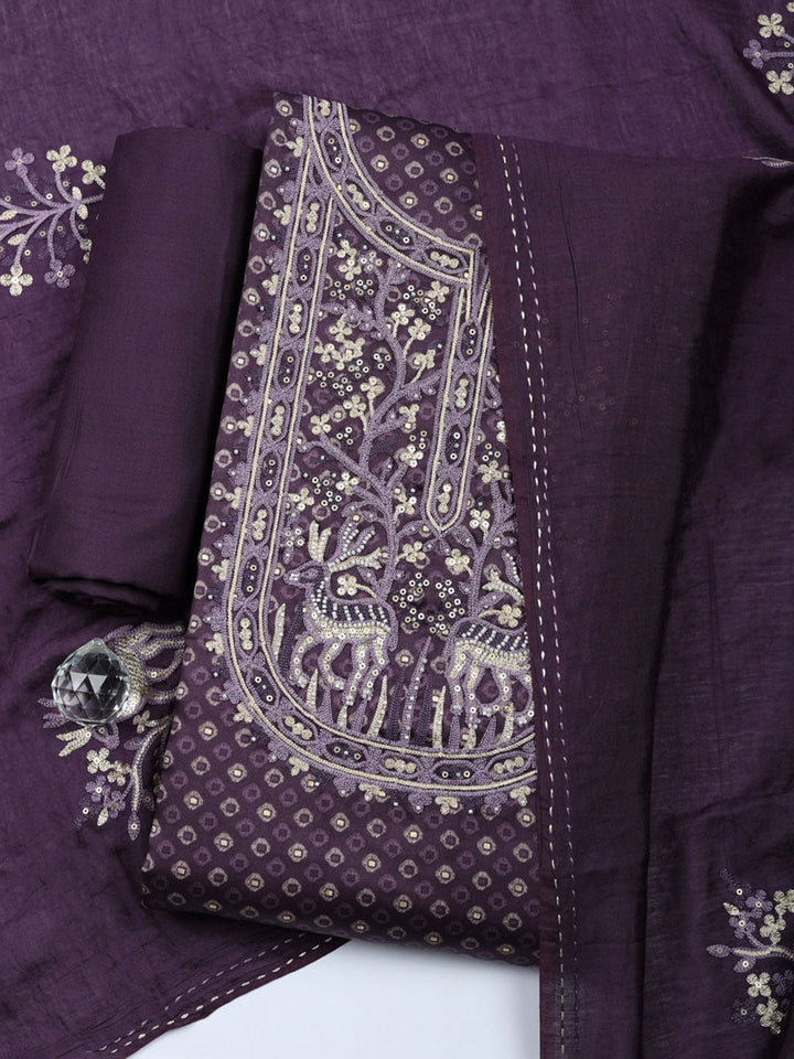 Embroidered Cotton Blend Unstitched Suit With Pant &amp; Dupatta