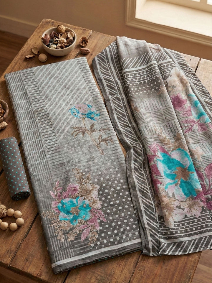 Printed Chanderi Unstitched Suit With Pant &amp; Dupatta
