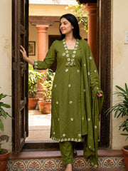 Embroidered Cotton Blend Kurta With Pant & Dupatta