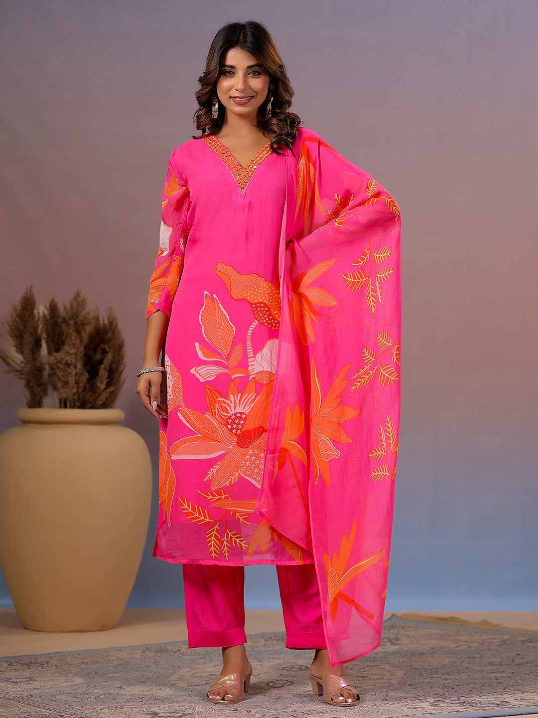Neck Embroidery Organza Kurta With Pants &amp; Dupatta