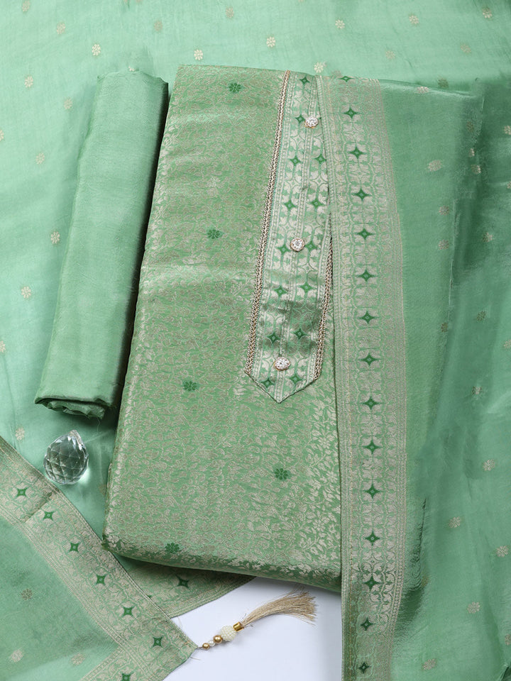 Embroidered Chanderi Unstitched Suit With Pant &amp; Dupatta