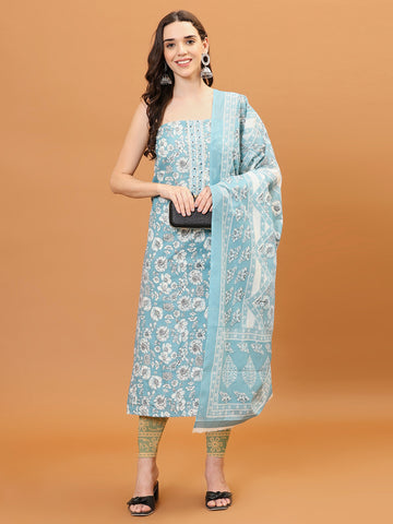 Floral Printed Cotton Blend Unstitched Suit Piece With Dupatta