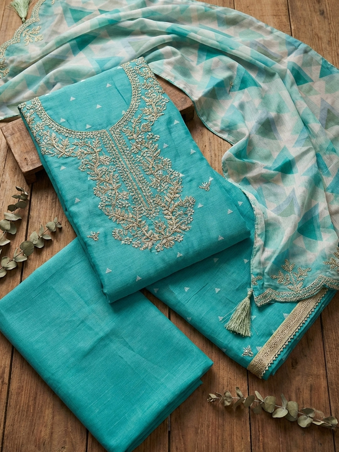 Embroidered Chanderi Unstitched Suit With Pant &amp; Dupatta