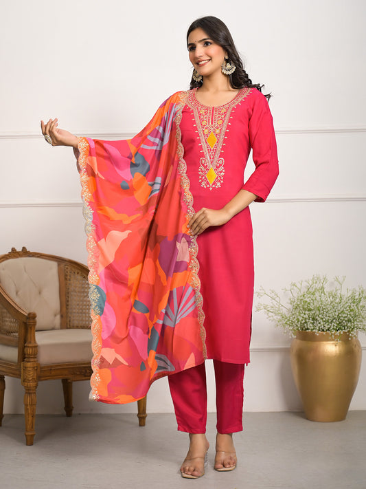 Neck Embroidered Muslin Kurta With Pants & Dupatta