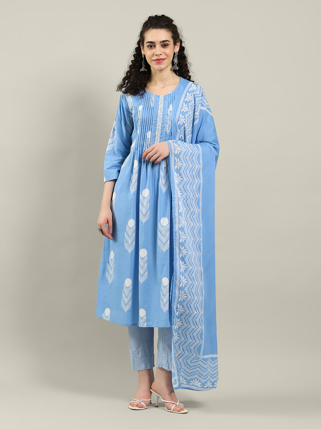Printed Cotton Blend Kurta With Pants & Dupatta
