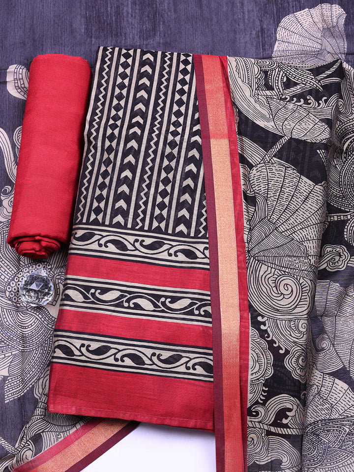 Printed Chanderi Unstitched Suit With Pant &amp; Dupatta