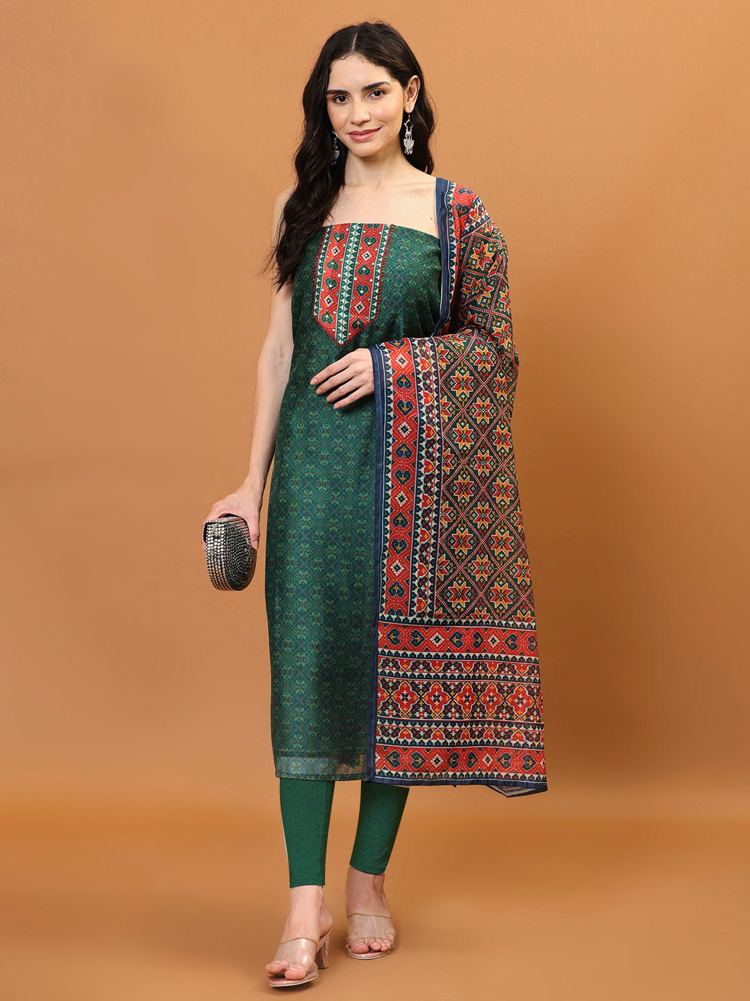 Printed Chanderi Unstitched Suit Piece With Dupatta