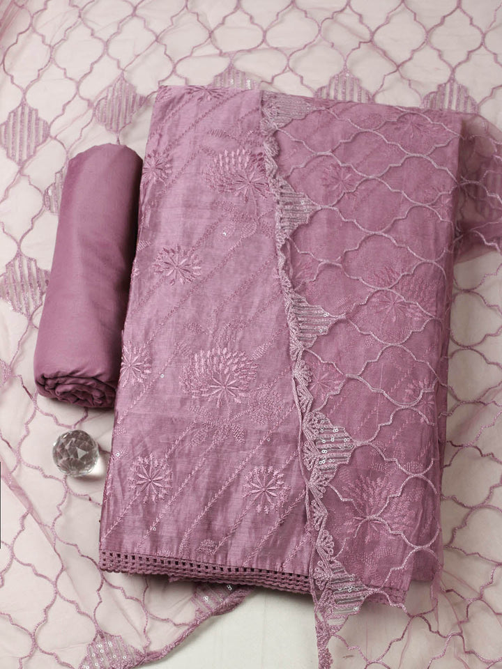Embroidered Chanderi Unstitched Suit With Pant &amp; Dupatta
