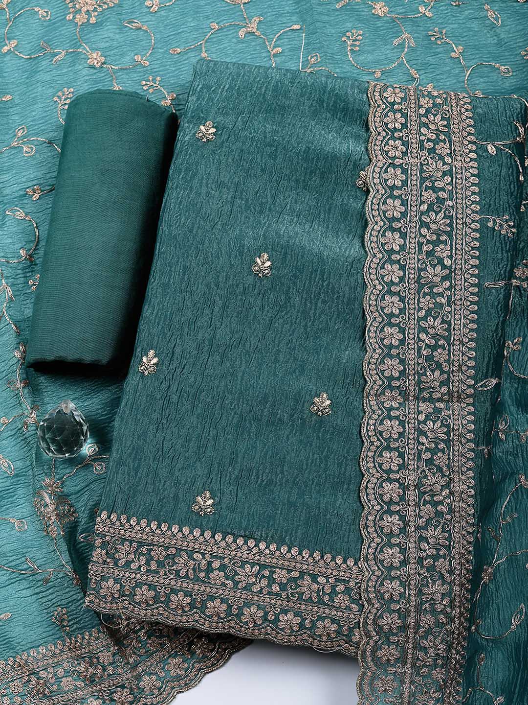 Embroidered Tissue Unstitched Suit With Pant &amp; Dupatta