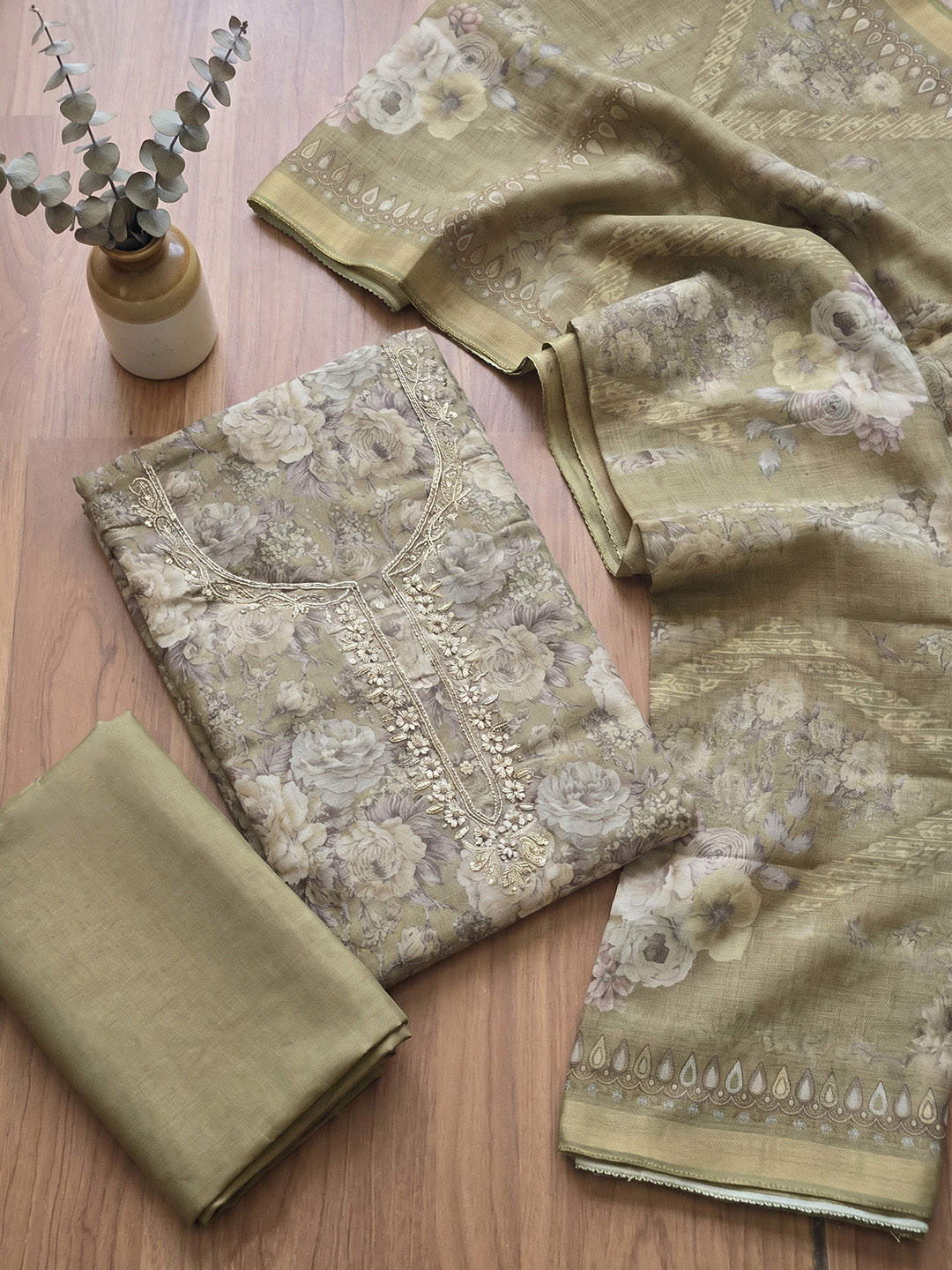Embroidered Chanderi Unstitched Suit With Pant &amp; Dupatta
