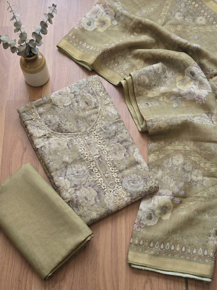 Embroidered Chanderi Unstitched Suit With Pant &amp; Dupatta