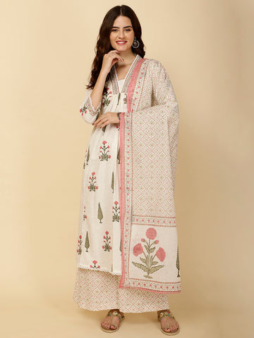 Block Printed Cotton Kurta With Palazzo & Dupatta