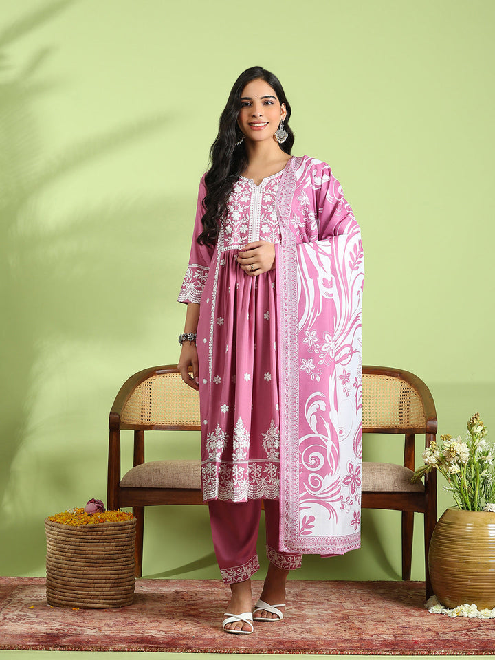 Embroidered Cotton Kurta With Pant &amp; Dupatta